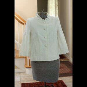 J. CREW Solid White Jacket with Ruffled Collar and Ball Buttons
